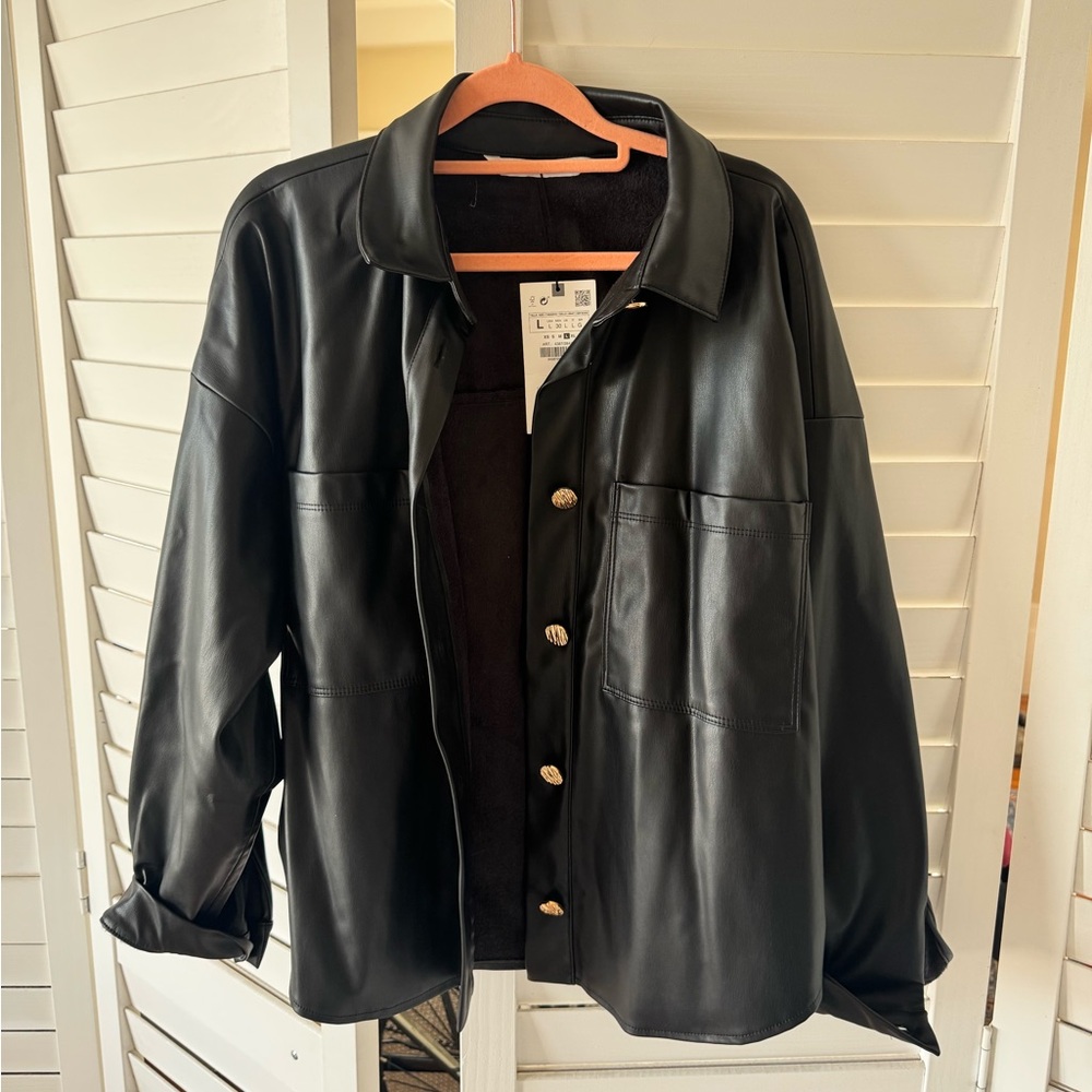 Zara Black Faux Leather Jacket with Button Front